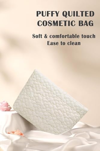 Puffy Quilted Makeup Bag, Cosmetic Bag, Travel Toiletry Organizer Pouch, Clutch for Wom (White Flower) - color: White Flower