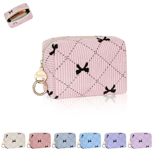 Mini Makeup Bag, Corduroy Small Cosmetic Bag for Purse with Ring Buckle, Bow Tie Travel Makeup Pouch for Lipsticks, Chapsticks, Coin, Earphone, Credit Card (Light Pink) - color: Bow Tie-Light Purple