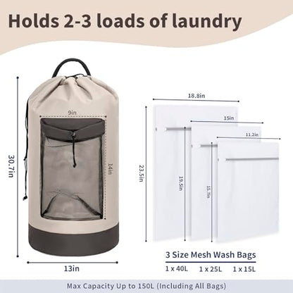 150L Laundry Bag Backpack with 3 Sizes Mesh Wash Bags and Shoulder Straps Foldable Clothes Hamper Bag with Drawstring Closure for College, Apartment, Laundromat(Beige) - color: Beige