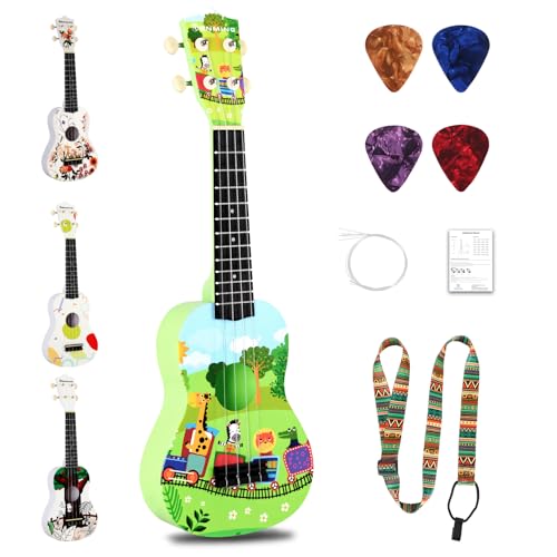 RANMING Ukulele 21 inch ukelele 4-String Ukulele Starter Kit with Strap, Picks,Carbon Strings Portable Plastic uku for Music Education Outdoor Travel Holiday Gifts Green - color: Green