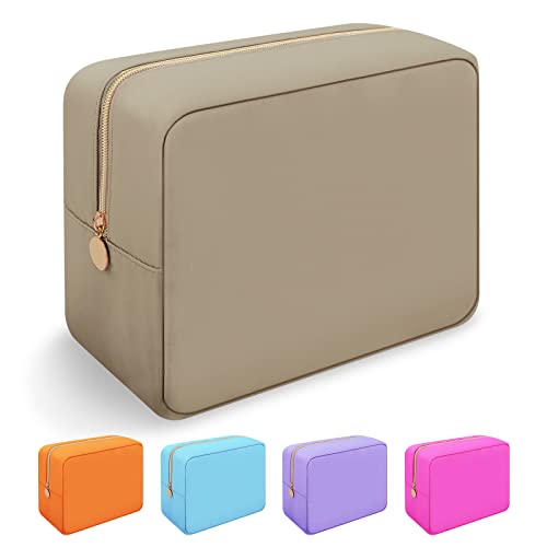 Iqimott Nylon Large Makeup Bag Travel Pouch, Preppy Big Cosmetic Bag Makeup Organizer Nylon Large Capacity Toiletry Bag, Waterproof Large Zipper Pouch Storage Bag for Women Girls Teens(Khaki) - color: Khaki, size: Large