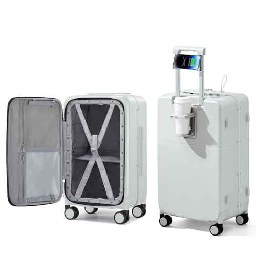 Hanke 20 Inch Carry On Luggage with Cup Holder and USB Charging Port, Top Opening Hard Shell Suitcase with Wheels, Aluminum Frame Trunk Luggage with TSA Lock & Dividers for Travel, Smoke White - color: Smoke White, size: 20 Inch