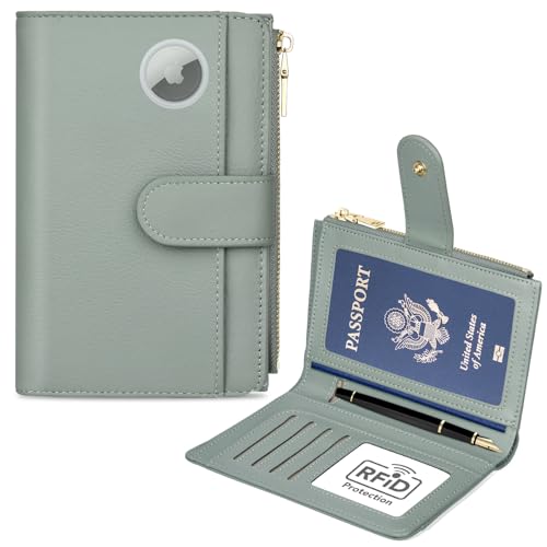 Passport Holder for Travel, Leather Passport Wallet with Airtag Slot, RFID Blocking Travel Wallet for Women Men, Passport Cover with Air Ticket Card Cash Coin Pocket, Travel Essentials Gift - color: Light Green