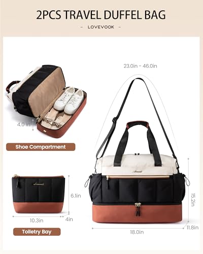 LOVEVOOK Travel Duffel Bag, Weekender Bags for Women, Large Overnight Bags with Shoe Compartment, 38L Carry on Gym Hospital Bag with Wet Pocket, 2 Pcs - color: Beige-Pea green-Olive green, size: Large-2 Pcs
