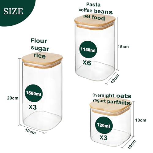 LIBWYS 12-Pack Glass Pantry Storage Containers with Bamboo Lids (0.76Qt/1.22Qt/1.67Qt) - Stackable Square Food Jars for Pantry Organization, Coffee, Flour, Snacks, Tea | Kitchen Canisters Set