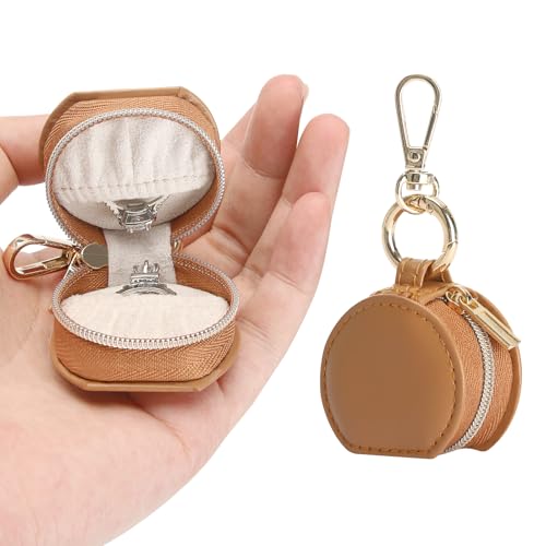 KUKUVR Jewelry Ring Holder Storage Box with Keychain, Portable Gym Jewelry Storage Case, Small Travel Ring Earring Stud Necklace Storage Case for Women Girl (Brown) - color: Brown