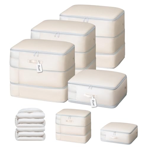 DIMJ Compression Storage Bags - Blanket Storage Bags with Window Zipper, Ultra Space Saving Self Compression Organizer for Comforter Duvet, Sweater, Puffer Jacket, Bedding, Sheet, Sweater - color: Beige, size: 110L x 3 Pack