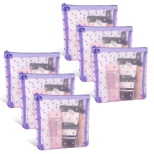 6 Pack Mini Zipper Mesh Makeup Bags, Heart Print Nylon Cosmetic Bags Toiletry Bags for Office Travel Organization (Widened-Purple, S) - color: Widened-Purple, size: S