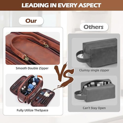 Engraved Father Day Gifts Toiletry Bag for Men Dad Husband, Custom Initial PU Leather Waterproof Toiletry Organizer Dop Kit Shaving Bag Travel Essentials, Large, Durable, Brown,E - style: E