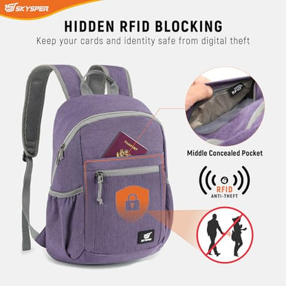 SKYSPER Anti Theft Hiking Backpack, 18L RFID Packable Travel Daypack, Lightweight Foldable Back Pack for Walking Daytrip - color: Purple