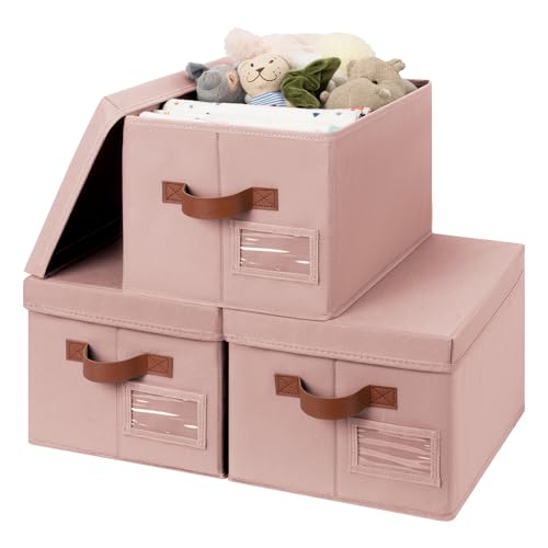 GRANNY SAYS Storage Basket with Lid, Linen Fabric Storage Bins with Label, Decorative Storage Boxes, Clothes Storage and Organization, Memory Keepsake Box, 3-Pack, Pink - color: Pink&Brown, size: Medium