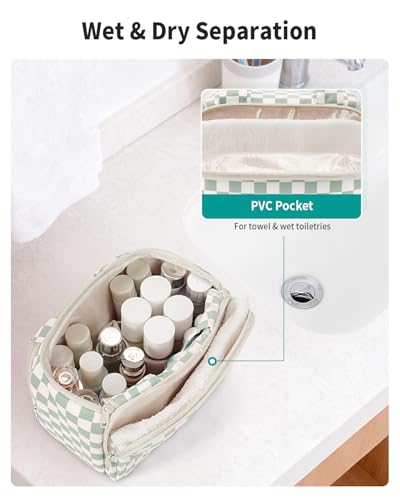 Narwey Checkered Travel Toiletry Bag for Women Large Makeup Bag, Wide-open Cosmetic Make Up Organizer with Handle, Travel Bag for Toiletries, Essentials, Accessories (Mint Green Checkerboard) - color: Mint Green Checkerboard
