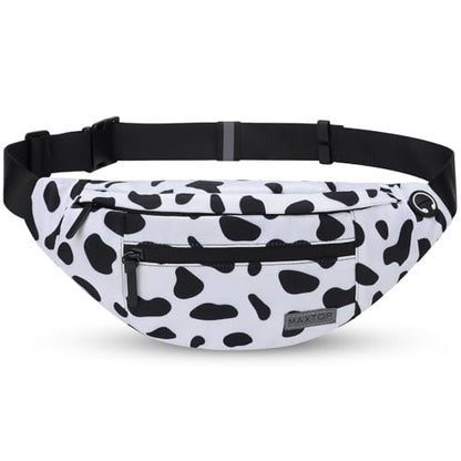 MAXTOP Large Crossbody Fanny Pack with 4-Zipper Pockets,Gifts for Enjoy Sports Festival Workout Traveling Running Casual Hands-Free Wallets Waist Pack Phone Bag Carrying All Phones - color: Cow Print White, style: Large Fanny Pack(4 Zipper Pockets)