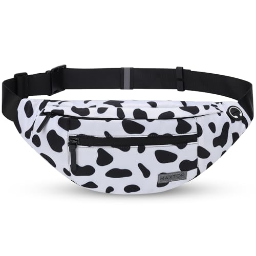 MAXTOP Large Crossbody Fanny Pack with 4-Zipper Pockets,Gifts for Enjoy Sports Festival Workout Traveling Running Casual Hands-Free Wallets Waist Pack Phone Bag Carrying All Phones - color: Cow Print White, style: Large Fanny Pack(4 Zipper Pockets)