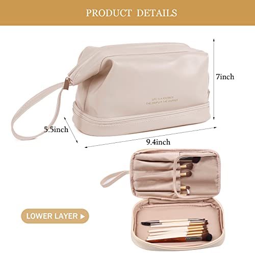 Abiudeng Large Capacity Makeup Bag Ladies Cosmetic Bag Travel Bag with Compartments Portable PU Leather Travel Makeup Bag with Handle - color: White