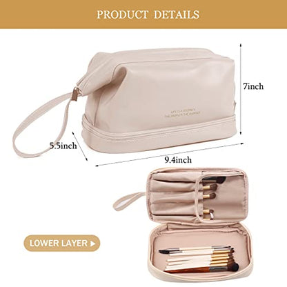 Abiudeng Large Capacity Makeup Bag Ladies Cosmetic Bag Travel Bag with Compartments Portable PU Leather Travel Makeup Bag with Handle - color: White