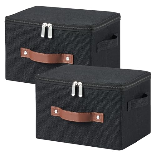 2 Pack Storage Bins with Zipper Lid Cotton Linen Fabric Lidded Storage Baskets Boxes Foldable Washable Closet Shelf Clothes Organizer Container with PU Leather Handles (Black, Small Size) - color: Black, size: Small ( Set of 2 )