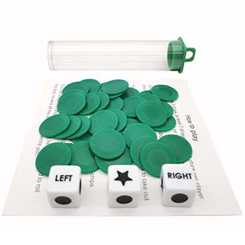 Ahoper Left Right Center Dice Game Prime Set Bundle with 3 Dices + 36 Chips. Round Tube Storage is Very Convenient for Travel. Easy to Store, Carry Around. (Green) - color: Green