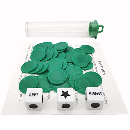 Ahoper Left Right Center Dice Game Prime Set Bundle with 3 Dices + 36 Chips. Round Tube Storage is Very Convenient for Travel. Easy to Store, Carry Around. (Green) - color: Green