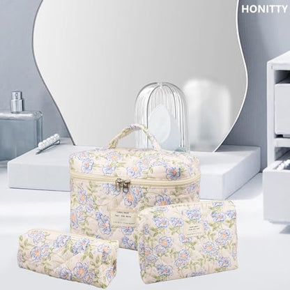 honitty Makeup Bag,Quilted Cosmetic Bags,Large Floral Make Up Organize bag,Makeup Bag Set for Women,Flower Travel Toiletry Bag - color: Blue-Flower