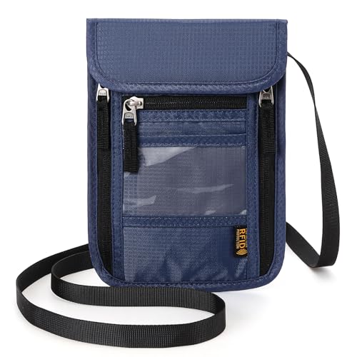 Passport Holder Neck Wallet RFID Blocking Passport Holder Multifunctional Document Organizer Travel Wallet for Men and Women - color: Dark Blue