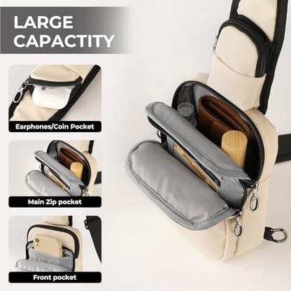 BROADREAM Sling Bag, Crossbody Bag with Anti-Theft Lock Zipper, RFID Blocking & Water Resistant for Travel Work Sport - color: Beige