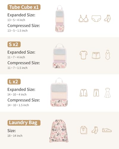 Narwey 6 Set Compression Packing Cubes for Travel Women Men, Travel Cubes for Carry On Suitcase, Durable Compression Luggage Organizer Bags - color: Y-Beige Flamingo