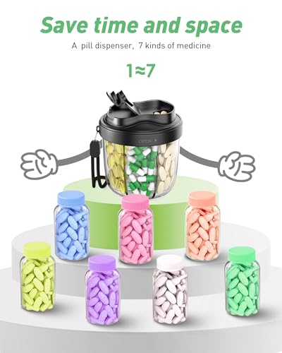Pill Organizer,Pill Dispenser with 7 Large Compartments,Portable Pill Box for Travel Essentials,Anti-Mix Design & Wide Opening Design,Easy Access to Vitamin Dispenser,Includes 20 Blank Stickers（Black） - color: Dark Black