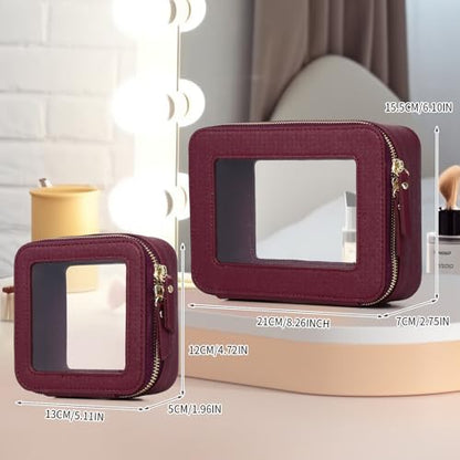 Clear Makeup Bag Set Travel Cosmetic Bag and Toiletry Bag Women's Purse Pouch Cosmetic Stroage Organizer Case with Zipper Car Essentials (Burgundy, M+Mini) - color: Burgundy, size: M+Mini