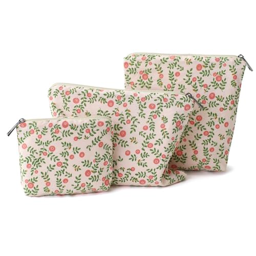 Small Cosmetic Bag Set of 3 for Purse, Pink Berry Cotton Makeup Bags, 3 Sizes Zipper Pouch Organizer for Travel & Toiletries, Gift for Her Birthday, Bridesmaid & Best Friend - color: GrassPrint/Cotton