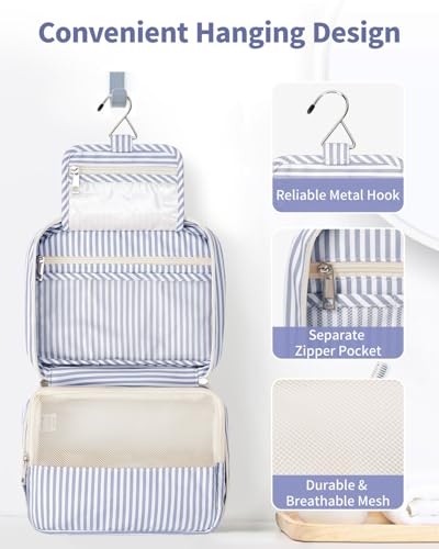 Narwey Small Hanging Travel Toiletry Bag for Women, Travel Bag for Toiletries, Makeup Bag Organizer Cosmetic Bags Make Up Bags for Girls - color: ZB-Greyish Blue Stripe