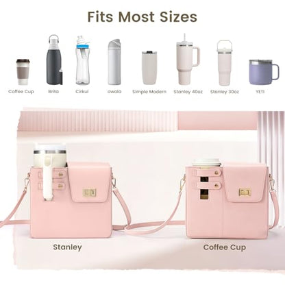 Outdoor Portable Crossbody Water Cup Purse Bag Water Bottle Carrier Bag with Phone Pocket Tumbler Carrier with Strap - color: Baby Pink