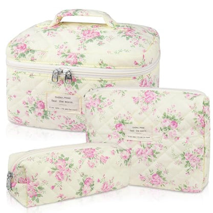 Gosect Makeup Bag Set, Quilted Makeup Bag, Large Floral Cosmetic Bag for Women, Cute Cotton Makeup Bags, Flower Travel Toiletry Organizer Bag (Pink Floer) - color: FSHK