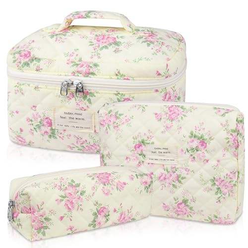 Gosect Makeup Bag Set, Quilted Makeup Bag, Large Floral Cosmetic Bag for Women, Cute Cotton Makeup Bags, Flower Travel Toiletry Organizer Bag (Pink Floer) - color: FSHK