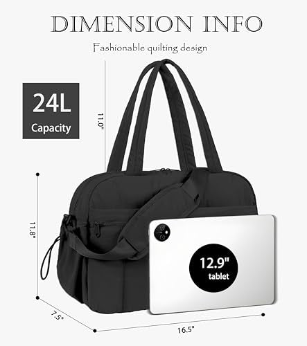 Lightweight Travel Duffle Bag for Women, Quilted Puffy Weekender with Wet Pocket for Gym, Overnight, Personal Item Carry On, Black - color: Black