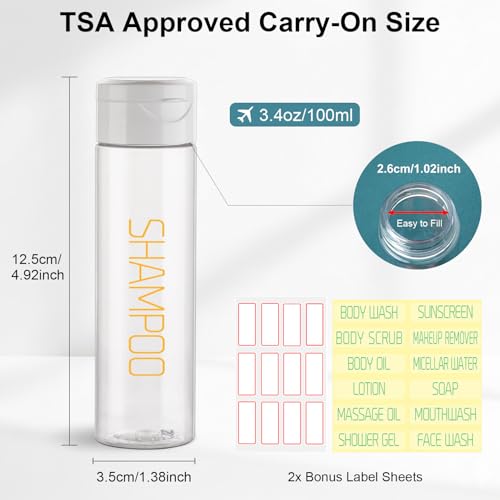 Cosywell Travel Bottles for Toiletries 5 Pack 3.4oz Pre-Printed Travel Size Containers TSA Approved Toiletry Bottles Wide Mouth Leak Proof Squeeze Bottle for Lotion Toothpaste(Clear) - style: B-3.4oz-Clear-3label2blank