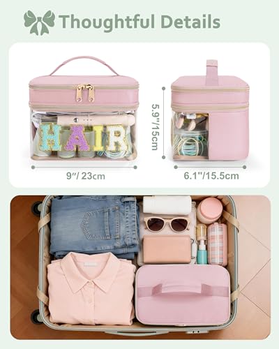 Fasrom Double Layer Hair Accessories Organizer, Preppy Patch Makeup Bag with HAIR Chenille Letter, Portable Travel Cosmetic Pouch Clear Toiletry Case for Women Girl, Pink(Bag Only, Patent Design) - color: Pink