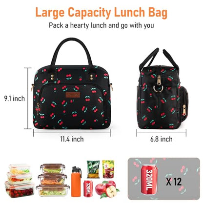 Lunch Bag Large Insulated Lunch Box for Women Men Adult Cute Cherry Lunchbox Lunch Bags Boxes Pail with Shoulder Strap for Work Mom Picnic Office Travel 11.4×6.8×9.1 inches 11.5L Black - color: Black Cherry