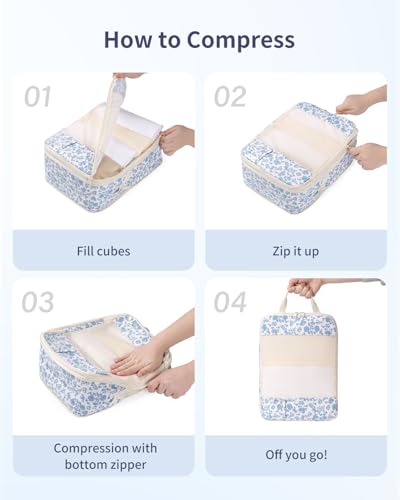 Narwey 6 Set Compression Packing Cubes for Travel Women Men, Travel Cubes for Carry On Suitcase, Durable Compression Luggage Organizer Bags - color: ZZZ-Little Blue Flower