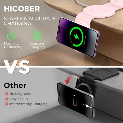 Hicober 3 in 1 Wireless Charging Station for Apple Watch and iPhone Air 17 16 15 14 13 12 Pro Max/Plus, Magnetic Foldable Wireless Travel Charger Station Stand for Airpods iWatch All Series Pink - color: Pink