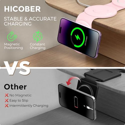 Hicober 3 in 1 Wireless Charging Station for Apple Watch and iPhone Air 17 16 15 14 13 12 Pro Max/Plus, Magnetic Foldable Wireless Travel Charger Station Stand for Airpods iWatch All Series Pink - color: Pink