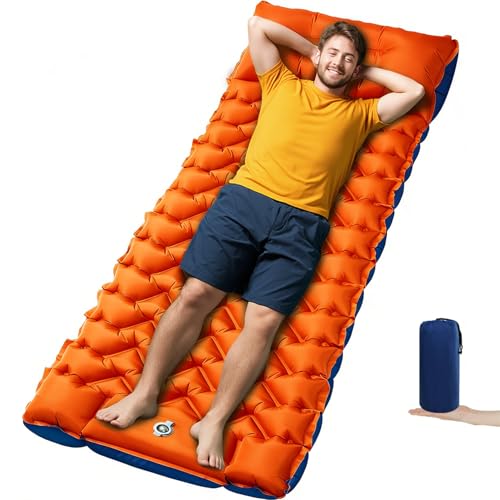 Ultralight 4-Inch Camping Sleeping Pad with Built-in Foot Pump, Inflatable Mat for Side Sleepers, Stays Inflated Overnight, Compact for Festivals, Backpacking & Car Camping - color: Orange+blue