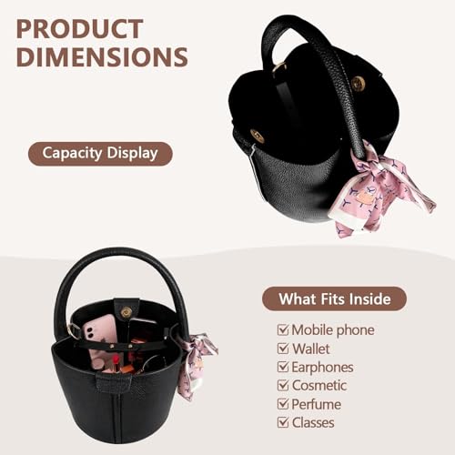 Vegan Leather Bucket Bag for Women Crossbody Bucket Purse with Removable Fashion Bucket Handbag - color: Black