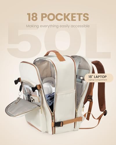 LOVEVOOK 50L Travel Backpack for Women Men,Waterproof Airline Approved Carry On Luggage Travel Essentials,TSA Carry On Backpack Personal Item Travel Bag Suitcase Weekender Traveling with Packing Cubes - color: Beige-brown