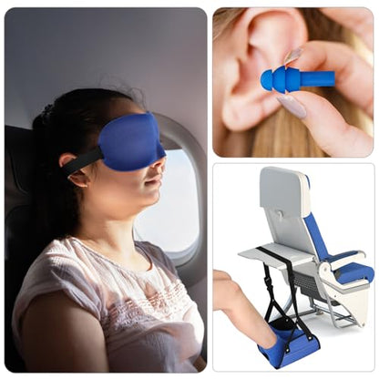 Yerliker Airplane Foot Hammock(Memory Foam) with Earplugs and Eye Mask Travel Necessities Adjustable Airplane Desk Foot Rest for Long Trip Pain and Swelling Relief(Blue) - color: Blue