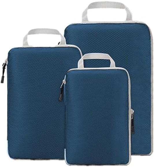 3 Set Compression Packing Cubes with Handle Travel Essential for Suitcases Nylon Portable Storage Bag Luggage Organizer Bags Waterproof for Clothes Storage - color: lake blue
