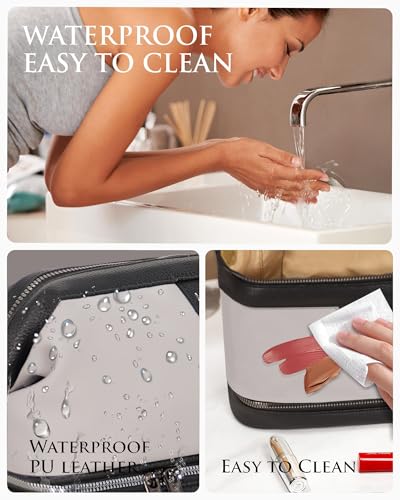 Double-Layer Toiletry Bag, Water-Resistant Hybrid Leather Cosmetic Organizer with Wet/Dry Compartments, 26x15x16cm (Gray, Double layer) - color: Gray