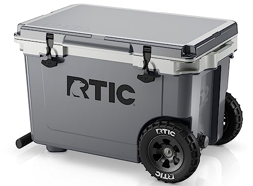 RTIC 52 Quart Ultra-Light Wheeled Hard Cooler Insulated Portable Ice Chest Box for Beach, Drink, Beverage, Camping, Picnic, Fishing, Boat, Barbecue, 30% Lighter Than Rotomolded Coolers - color: Dark Grey & Cool Grey
