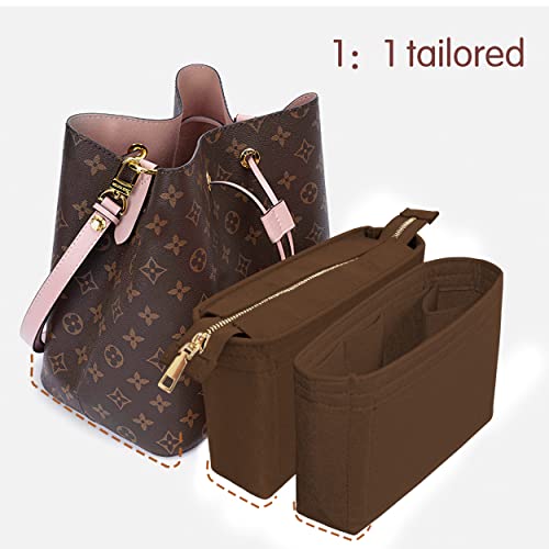 Felt Tote Bag organizer with Zipper Small Purse Organizer Insert With 2 Packs fits NeoNoe Noé Series perfectly - color: Brown