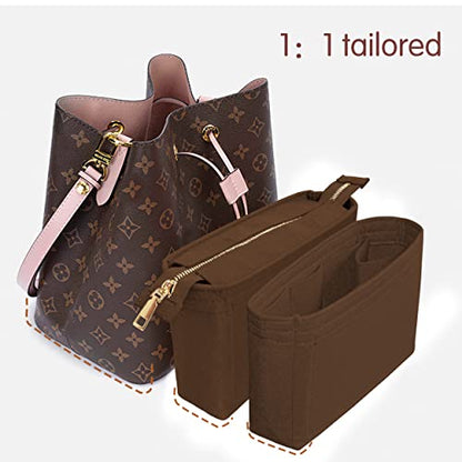 Felt Tote Bag organizer with Zipper Small Purse Organizer Insert With 2 Packs fits NeoNoe Noé Series perfectly - color: Brown
